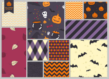 Set of halloween backgrounds. Collection of seamless patterns in bright colors. Vector illustration.のイラスト素材