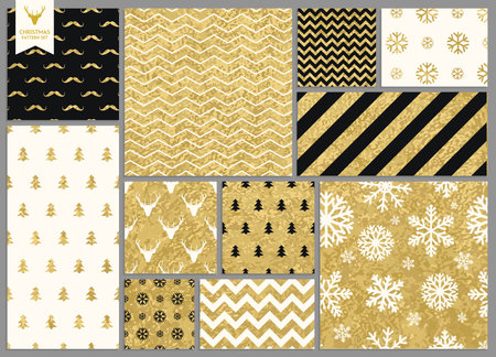 Set of simple seamless retro gold texture Christmas patterns