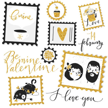 Valentines Day Stamps. Template for gift box, scrapbook, design, invitation, greetings, diary, sticker.のイラスト素材