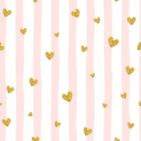 Gold glittering heart confetti seamless pattern on striped background