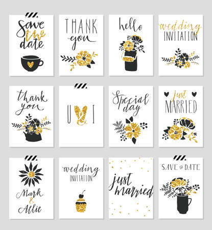 Collection of 12 cute card templates. Valentine's day, wedding, marriage, save the date, baby shower, bridal, birthday poster. Stylish simple design with gold glitter texture. Vector illustration.のイラスト素材
