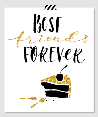 Best friend forever. Hand lettering quote on a white vector background with gold glitter texture
