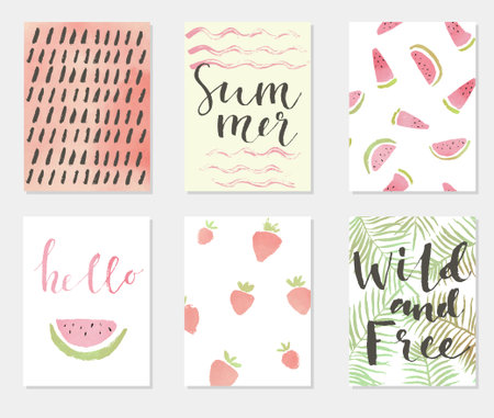 Summer hand drawn calligraphic card set. Vector illustration. A set of flyers, brochures, templates...