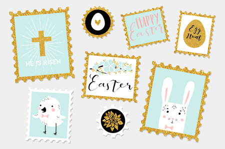 Postal stamps set collection - Easter eggs, bunny, chicken