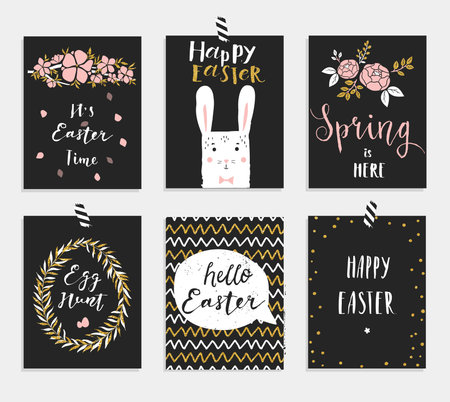 Set of 6 cute Easter greeting cards. Template for invitations, banners, planner, gift tags, diary, notes. Stylish spring design. Vector illustration.のイラスト素材
