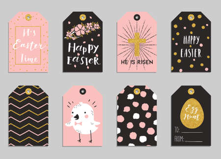 Easter gift tags with cute Easter bunny, watering can with flowers and Easter greetings. Set of bright holiday labels.のイラスト素材