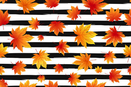 Autumn seamless pattern. Bright fall leaves on striped background. Seamless texture of maple leaves.のイラスト素材