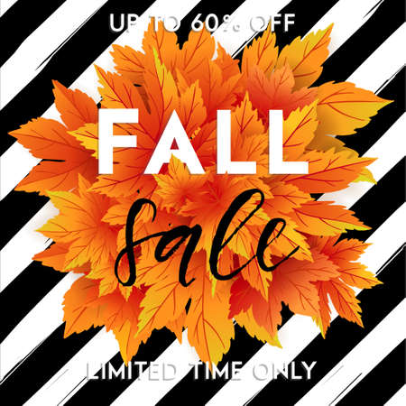 Autumn sale template with lettering. Bright fall leaves. Poster, card, label, design.のイラスト素材