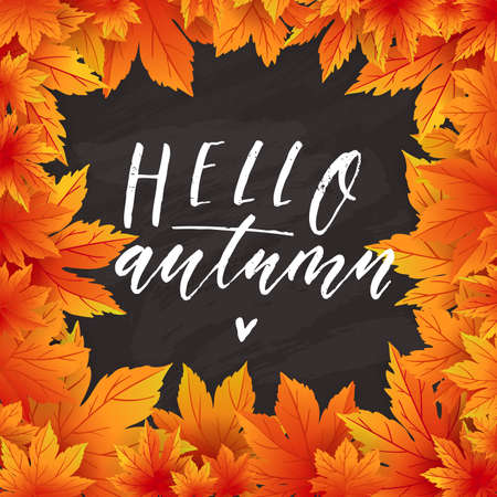 Hello Autumn. Autumn sale template with lettering. Bright fall leaves. Poster, card, labelのイラスト素材