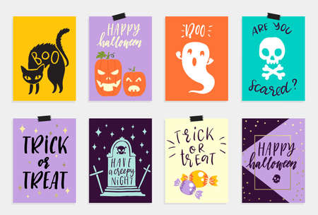 8 Halloween Cards set in quirky cartoon doodle style. Bright colors.  lettering. Collection in cartoon comic style of 80s-90s. illustration.のイラスト素材