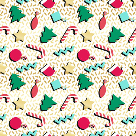 Simple winter holiday geometrical seamless pattern in retro comic style of 80s-90s with bright...
