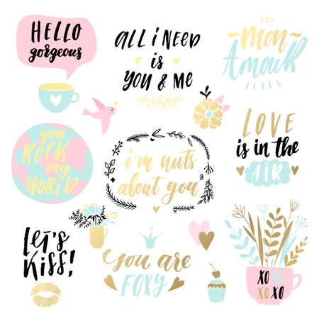 Valentine's day hand drawn calligraphy and illustration vector set. Romantic collection of holiday lettering, perfect for postcards, poster, tag, greeting cards, sticker kitのイラスト素材