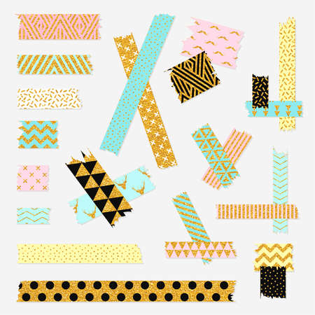 Scotch, color patterned adhesive tape collection, different size pieces isolated on white background. Vector setのイラスト素材