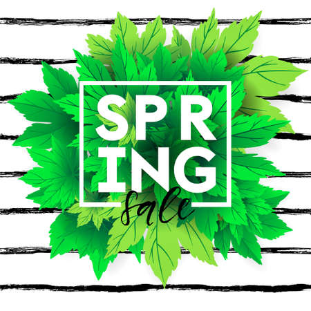Spring sale lettering with hand drawn letters. Label and banner template with bright fresh green leaves with frame, vector illustration. Bright colorful background with gold confetti.のイラスト素材