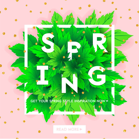 Spring sale lettering with hand drawn letters. Label and banner template with bright fresh green leaves with frame, vector illustration. Bright colorful background with gold confetti.のイラスト素材