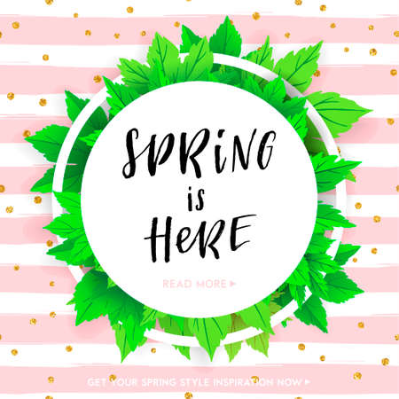 Spring sale lettering with hand drawn letters. Label and banner template with bright fresh green leaves with frame, vector illustration. Bright colorful background with gold confetti.のイラスト素材