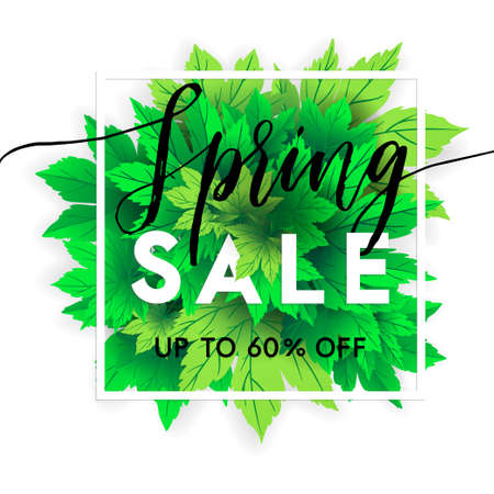 Spring sale lettering with hand drawn letters. Label and banner template with bright fresh green leaves with frame, vector illustration. Bright colorful backgroundwith gold confetti.のイラスト素材