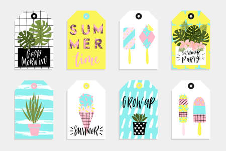 Summer set of sale and gift tags, labels with fun elements, hand drawn lettering and textures kit. Collection with palm tropical leaves, plants, banana, lemon, pineapple and much more.のイラスト素材