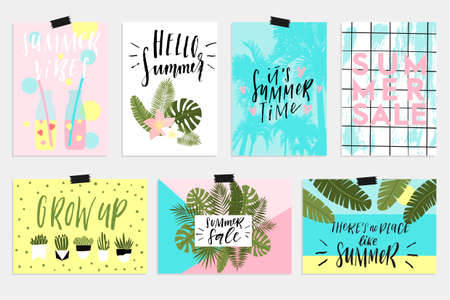 Summer greeting cards and posters with fun elements, hand drawn lettering and textures. Great for sale banners,Wallpaper, flyers, invitation, posters, brochure, voucher discount.のイラスト素材