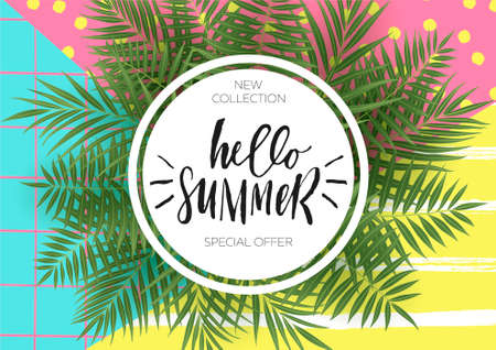 Summer greeting card and poster with leaves and hand drawn lettering and textures. Great for sale banners, wallpaper, flyers, invitation, posters, brochure, voucher discount, ticket design and more.のイラスト素材