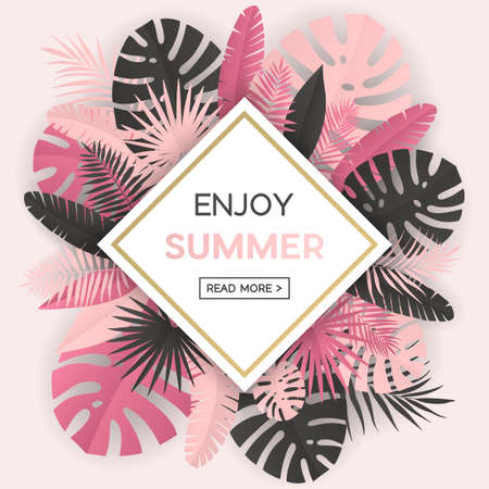 Summer banner with paper tropical leaf on geometric pattern background. Vector illustration.のイラスト素材