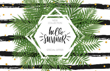 Summer sale banner design with tropical leaves. Hand drawn lettering and textures. Great for sale concept, label, tag, wallpaper, flyer, invitation, poster, brochure, voucher discount. Vector EPS 10.のイラスト素材