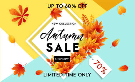 Autumn sale flyer template with lettering. Bright fall leaves. Poster, card, label, banner design. Bright geometrical background. Vector illustrationのイラスト素材