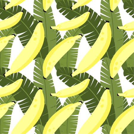 Cute bright and fun summer seamless pattern. Tropical leaves and bananas. Vector illustrationのイラスト素材