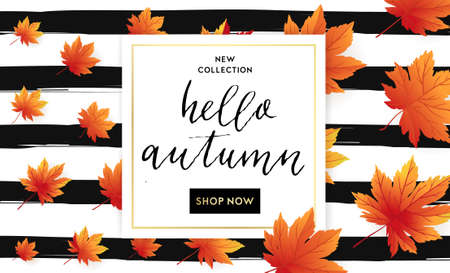 Autumn sale flyer template with lettering on striped background. Bright fall leaves. Poster, card, label, banner design. Bright geometrical background. Vector illustration EPS10のイラスト素材