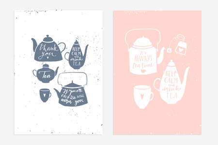 2 Hand drawn vintage prints with hand lettering. Tea quotes. This illustrations can be used as a cards, print, poster. - stock vectorのイラスト素材