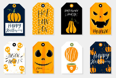 Set of 8 halloween gift tags. Cute and scary label templates for 31 october. Printable greeting cards in bright colors. Vector isolated illustrationsのイラスト素材