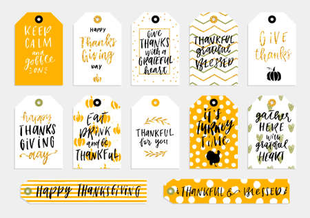 Abstract black, white, orange and gold glitter textured colored Thanksgiving Day printable tags collection.のイラスト素材