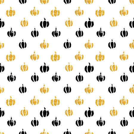Gold autumn pumpkins repetitive pattern with gold glitter texture, Stylish design, textile or wrapping paper design.のイラスト素材