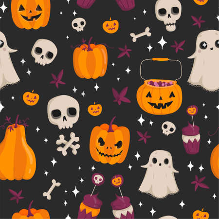 Vector seamless pattern for Halloween. Pumpkin, ghost, skull and other elements. Bright cartoon pattern for Halloweenのイラスト素材