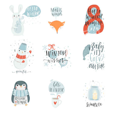 Collection of 9 cute Winter illustrations with cute characters and lettering. Winter icon set with holiday elements. Vector seasonal postcard designのイラスト素材