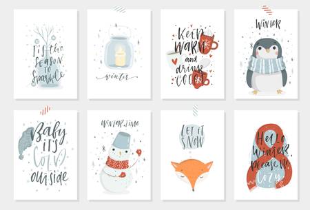 Collection of 8 cute Winter ready-to-use gift cards with cute characters and lettering. Set of eight printable hand drawn holiday posters templates. Vector seasonal postcard designのイラスト素材