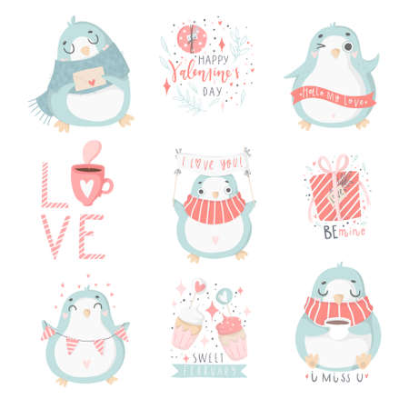Vector hand drawn illustrations for Valentine's day set. The illustrations with penguins and other cute elements in soft pastel pink and blue colors. Love collectionのイラスト素材