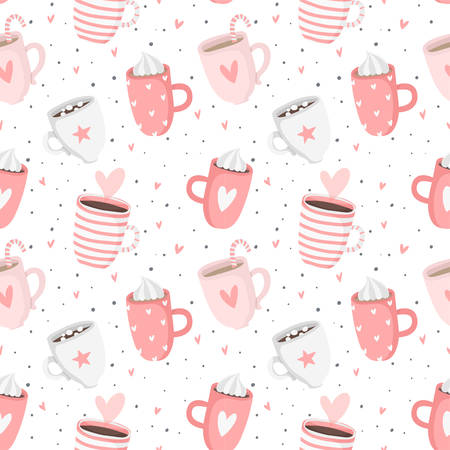 Hand drawn pink Valentine's Day romantic seamless pattern with cute cups, mugs, hearts, coffee, cocoa and more. Vector illustration background in pink and white colorsのイラスト素材