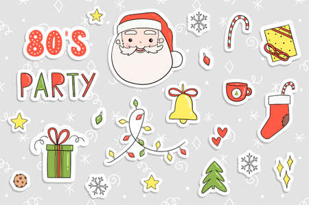 80s Christmas party sticker set. Cute, cozy and bright winter holiday theme stylish pins, patch template. Merry christmas illustrations in traditional retro red green yellow colors. Vector eps 10のイラスト素材