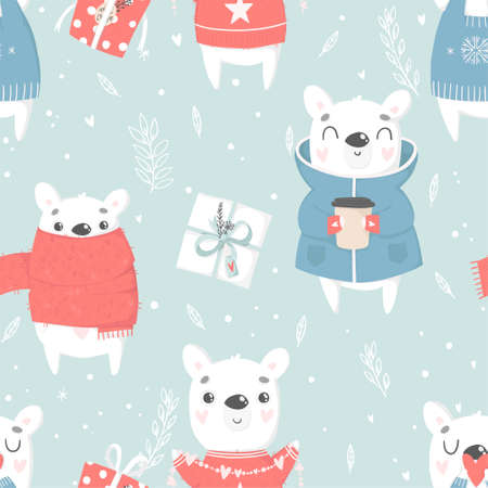 Cute White Polar bear hand drawn illustration seamless pattern. Wrapping paper, fabric, wallpaper, background  design. Valentines day romantic love or cute kids room decor elementのイラスト素材