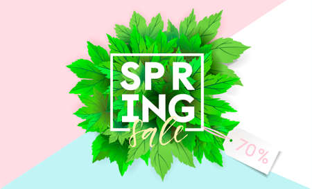 Spring sale flyer template with lettering. Bright green leaves. Poster, card, label, banner design. Bright geometrical background.のイラスト素材