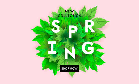 Spring sale flyer template with lettering. Bright green leaves. Poster, card, label, banner design. Bright geometrical background.のイラスト素材