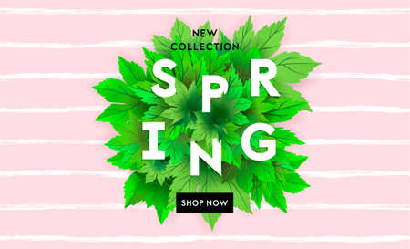 Spring sale flyer template with lettering. Bright green leaves. Poster, card, label, banner design. Bright geometrical background.のイラスト素材