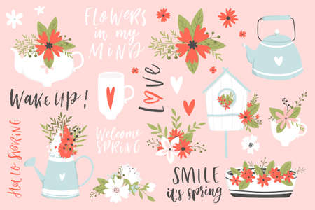 Illustrations and lettering spring set. Spring hand drawn elements- calligraphy, flowers, cups, wreaths, etc. Perfect for web, card, poster, cover, tag, invitation, sticker kit. Vector collection.のイラスト素材