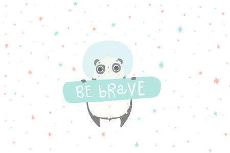 Card with pandas astronauts in helmets, stars and lettering text. Creative nursery background. Vector hand drawn illustration.のイラスト素材