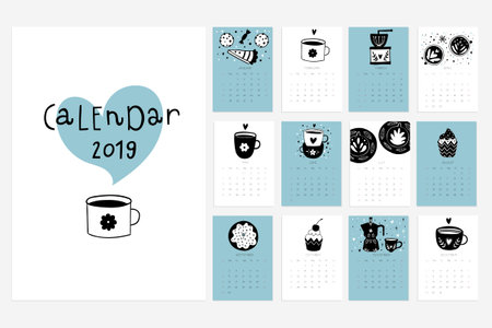 Calendar 2019. Stock vector. Fun and cute calendar with hand drawn cups, desserts and etc. Pink blue grey white.のイラスト素材