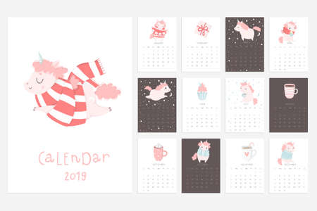 Calendar 2019. Stock vector. Fun and cute calendar with hand drawn unicorns, cakes and other cute stuff. Pink blue grey whiteのイラスト素材