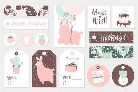 Set of cute ready-to-use gift tags, cards and sticers with lamas. Gifts, hearts, cups, cacti and magic. Printable collection of hand drawn Birthday or Valentine's Day label in gentle colors. Vector badge designのイラスト素材