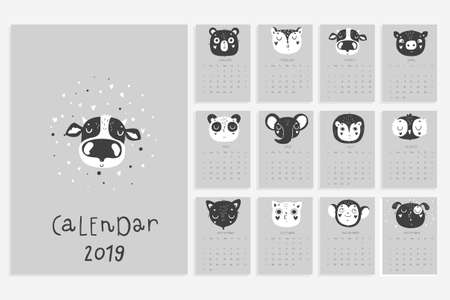 Calendar 2019. Stock vector. Fun and cute calendar with hand drawn animals in black and white colors. Scandinavian style. Elephant panda cat and othersのイラスト素材