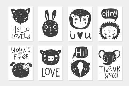 Collection of 8 baby shower posters, vector invites. Cards with cute objects on white background, monochrome colors. Wedding, save the date, baby shower, bridal, birthday, Valentine's day.のイラスト素材